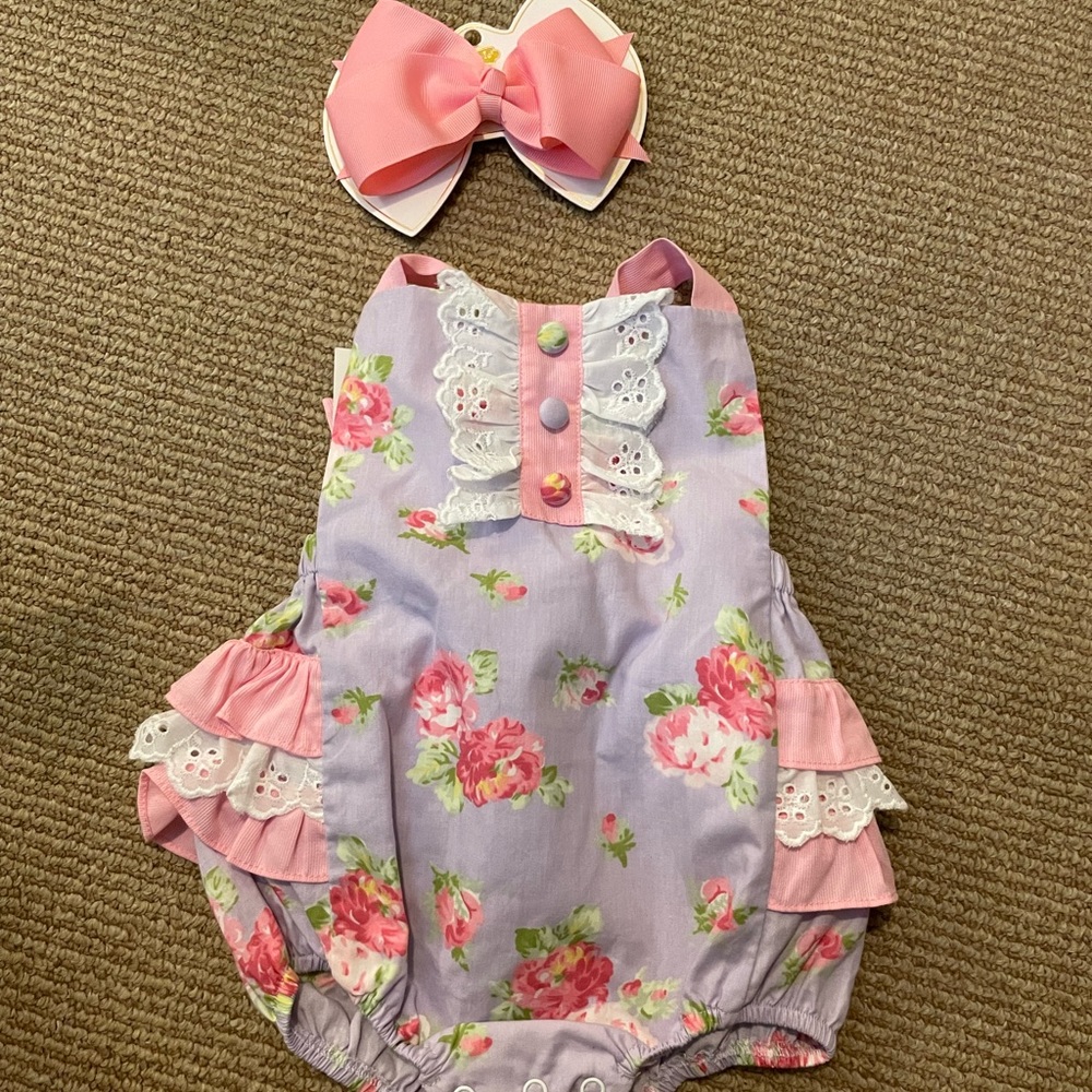 Banana Split baby girl romper with matching bow 6m